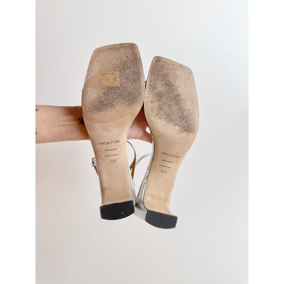 SERGIO ROSSI SR1 Silver Snake Leather Crystal Studded Block Sandals, Size 40.5 - Picture 12 of 14